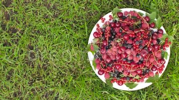 绿草背景下的新鲜覆盆子黑浆果樱桃红黑醋栗的旋转午餐视频的预览图