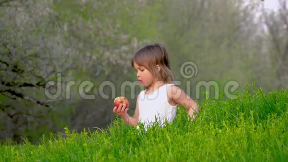坐在草地上吃苹果的女孩视频的预览图