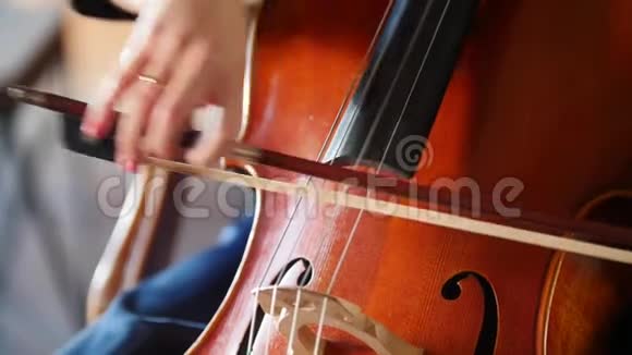 在特写镜头中用大提琴琴弦鞠躬的女人视频的预览图