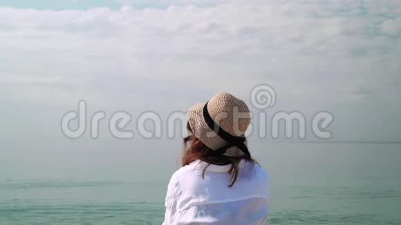 戴帽子的女人看着大海视频的预览图