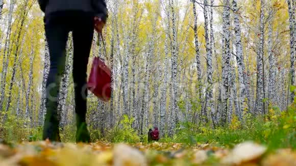 带着红色手袋的瘦女孩跟着桦树公园的老女人视频的预览图