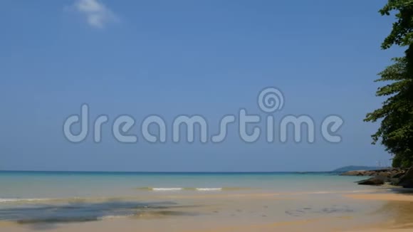 热带海洋景观K4风中吹着椰子棕榈树叶白沙滩和清澈的海水视频的预览图