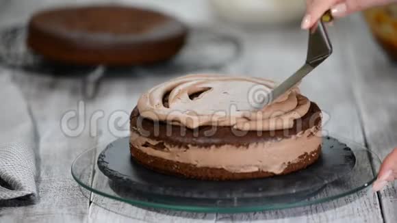 女人手把巧克力奶油撒在巧克力海绵蛋糕上视频的预览图