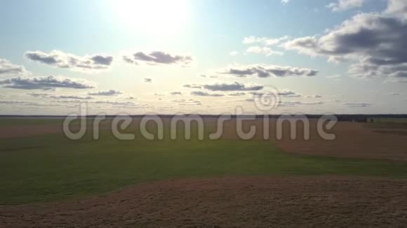 鸟瞰明亮的阳光照耀着绿色和棕色的田野视频的预览图