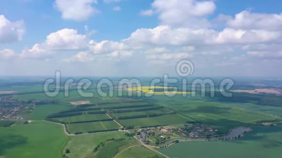 明斯克贝拉鲁斯五月2019年空中无人机拍摄绿色和黄色的田野附近的城市蓝天和美丽的云彩视频的预览图