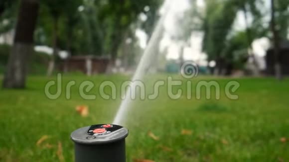 灌溉系统喷头的慢速运动场景草坪草浇水时的塑料喷雾器视频的预览图