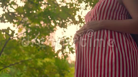 一个怀孕的女孩站在公园里一个穿着条纹白红色连衣裙的女孩站着把她的手放在肚子上视频的预览图