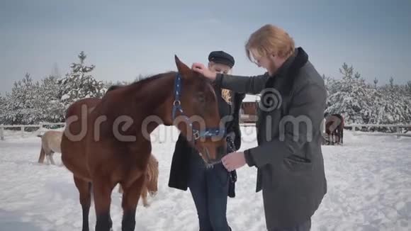 冬天男孩和女孩在乡村牧场上划一匹可爱的马一对年轻夫妇在户外散步视频的预览图