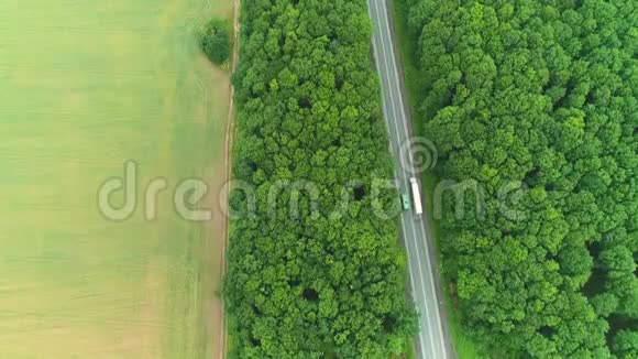 飞机飞越卡车沿着森林环绕的道路行驶4K视频的预览图