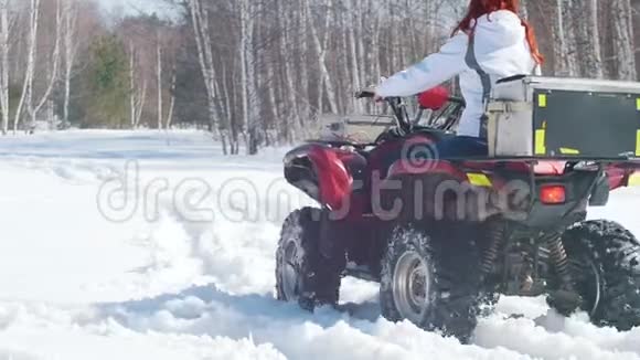 冬天的森林一个留着姜发的女人骑着雪车战胜了雪视频的预览图