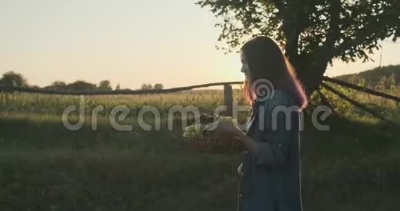 年轻漂亮的女孩拿着一篮子葡萄走路视频的预览图