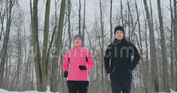 冬天一男一女穿着粉红色夹克慢悠悠地穿过公园健康生活方式视频的预览图
