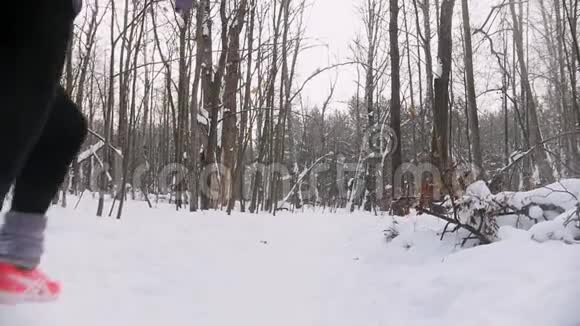 青年男女同步在冬林中奔跑早上好背面视频的预览图