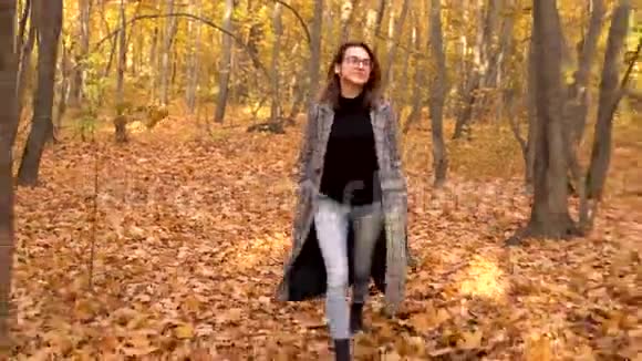 一个戴眼镜穿外套的年轻女子走在秋天的森林里黄色的叶子视频的预览图