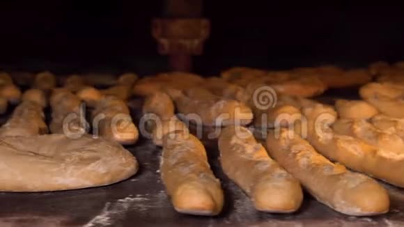 在乡村面包店的传统木烤箱里烤面包视频的预览图