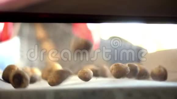 特写自动清理土豆泥和土壤从碎屑芽中筛选土豆在特殊的传送带上移动视频的预览图
