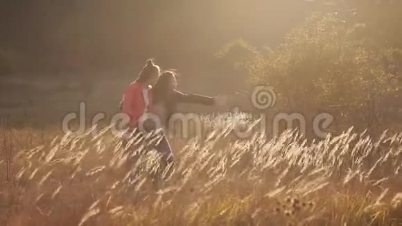 小幸福的女孩跑到她心爱的母亲身边妈妈在草原上在草地上拥抱和亲吻女儿视频的预览图