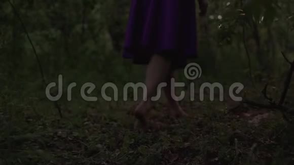 黄昏时分年轻的美女穿着紫色的裙子光着脚走在树林里视频的预览图