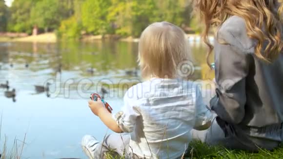 一位年轻的母亲和她蹒跚学步的孩子正在湖边喂鸭子视频的预览图