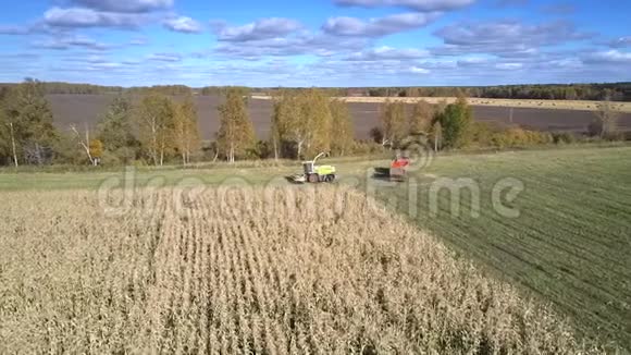 空中玉米收割机和卡车在田间工作视频的预览图