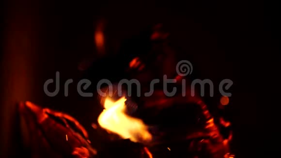 燃烧的木头在家庭壁炉里生火慢动作篝火在夜间燃烧燃烧的缓慢运动视频的预览图