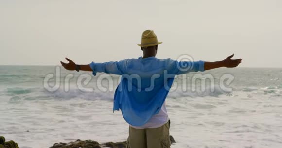 美国黑人男子的后景双臂伸展在海滩上视频的预览图