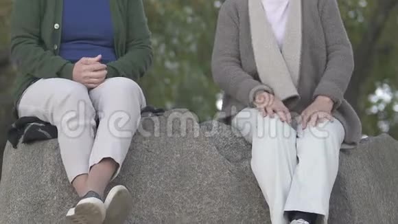 两个女性退休者在河石上坐在一起交谈友谊视频的预览图