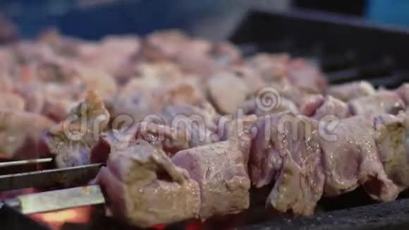 户外烤牛肉烤串叉烧烤野餐视频的预览图