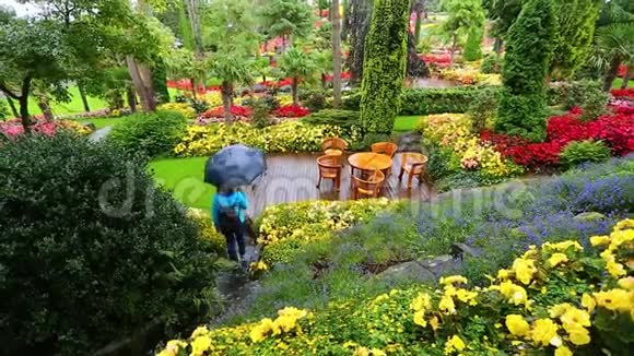 带着雨伞的女人在花园里视频的预览图