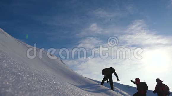 登山者双手互相帮助爬上一座下雪的小山冬季旅游中协调良好的团队合作小组成员视频的预览图