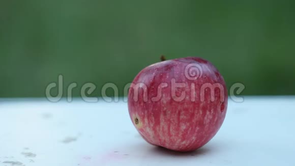 一个农民户外绿色花园的背景下在一张白色的乡村桌子上拿起一个成熟的红苹果躺在上面视频的预览图