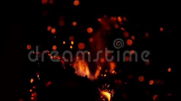 篝火在夜间燃烧在烤架中燃烧木头和烟雾的缓慢运动烹饪美味的午餐或视频的预览图