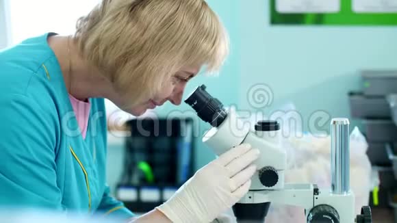 实验室工作人员的肖像戴白手套的生物化学家研究用显微镜检查在实验室科学视频的预览图