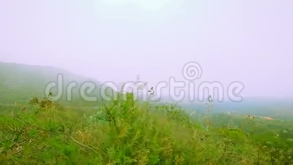 一座火山岩石上的绿色丛林阿里尔全景视频的预览图