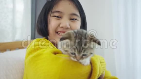 动作慢点可爱的亚洲女孩和可爱的小猫玩耍漂亮的女孩紧紧地抱着一只猫在室内视频的预览图
