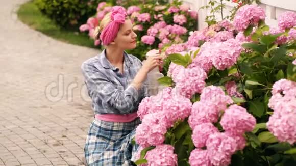 快乐的女孩在浇花女人浇花女人关心鲜花女人在花园里浇了粉红色的绣球花视频的预览图
