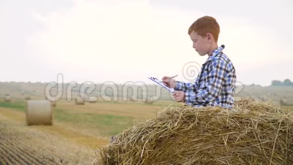 一只草包上的小农夫手里拿着一块写着信的平板电脑手里拿着一支笔放在干草捆上视频的预览图