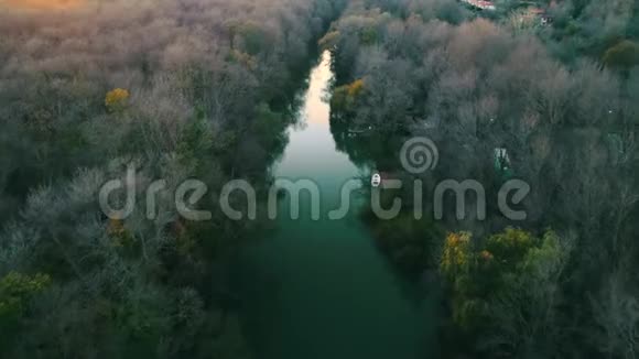 空中无人机日落俯瞰河流和山林亚马逊丛林视频的预览图