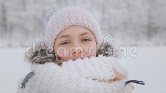 冬天许多雪花落在一个微笑的女孩的脸上视频的预览图