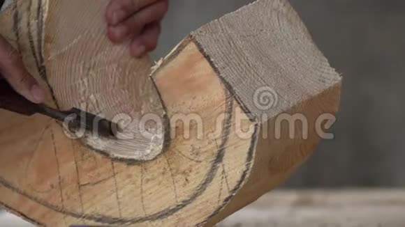 木工在木材上工作木工刨一棵树特写视频的预览图