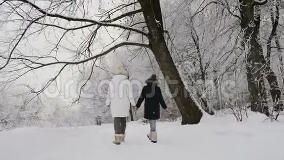妈妈和女儿冬天在大自然中散步视频的预览图