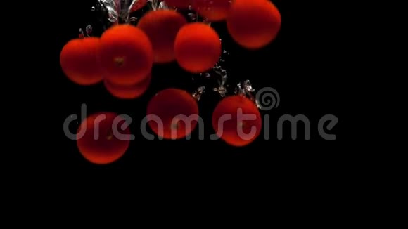 红樱桃火鸡落在透明的水中黑色背景视频的预览图