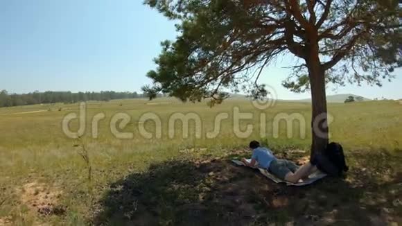 女孩躺在树下在田野里画了一幅风景画视频的预览图