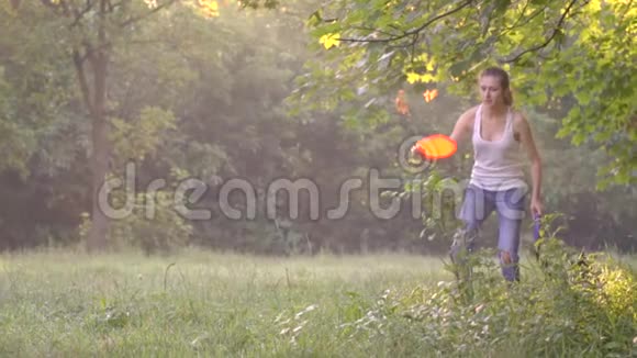 女孩训练者在绿色草坪上投掷橙色飞盘犬在绿色草坪上追逐它慢动作射击视频的预览图