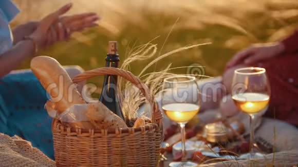 两个女人在野餐和交谈一个篮子和一瓶葡萄酒的面包视频的预览图