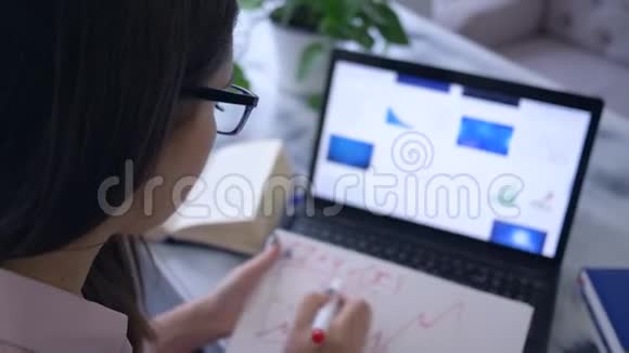 商业创意年轻的女人用手提电脑在桌上画一张图表写笔记视频的预览图