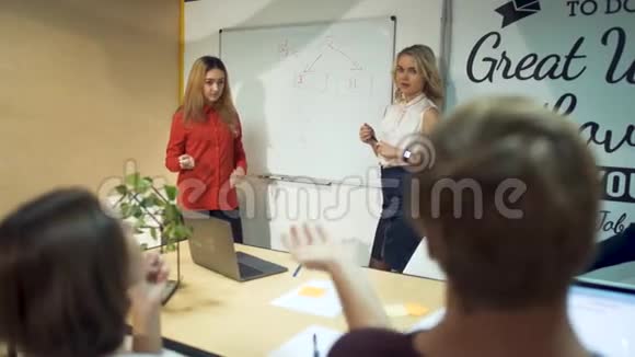 商务人士会议头脑风暴小组两个在会议室展示成功策略的女孩在视频的预览图