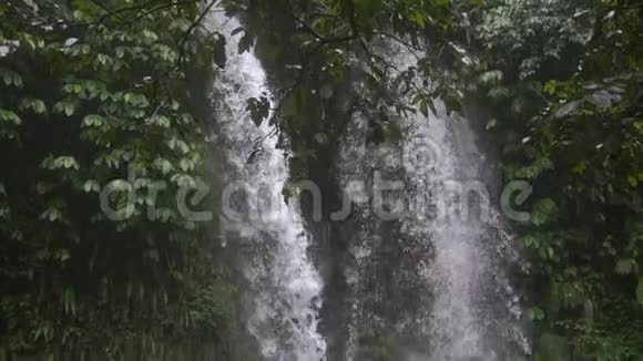 慢动作奇妙的满流惊人的瀑布在野生热带雨林的水落下郁郁葱葱的绿色植物视频的预览图