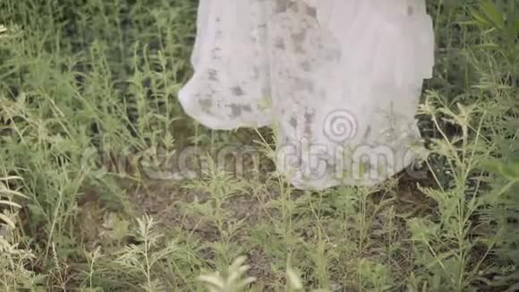 女孩穿着一件透明的白色复古长裙带着花纹坐在树林里一本空书突然落下视频的预览图
