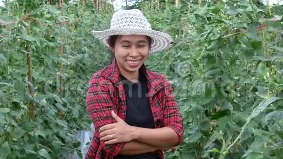亚洲园丁妇女在农田里摆姿势微笑着对着镜头农业和种植理念视频的预览图